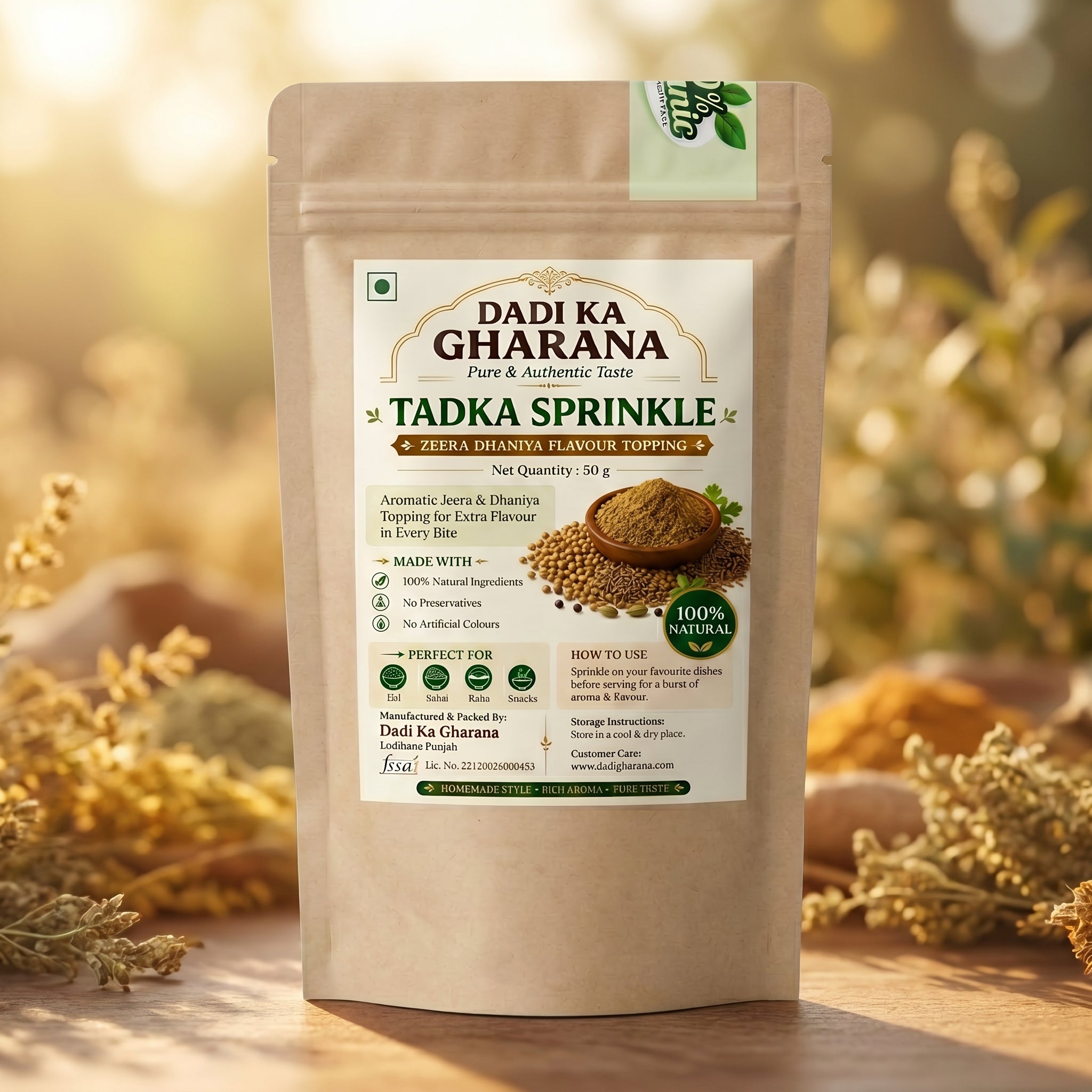 Tadka Sprinkle 50g Jeera Dhaniya Flavour Topping Dadi Ka Gharana Natural Flavor Enhancer